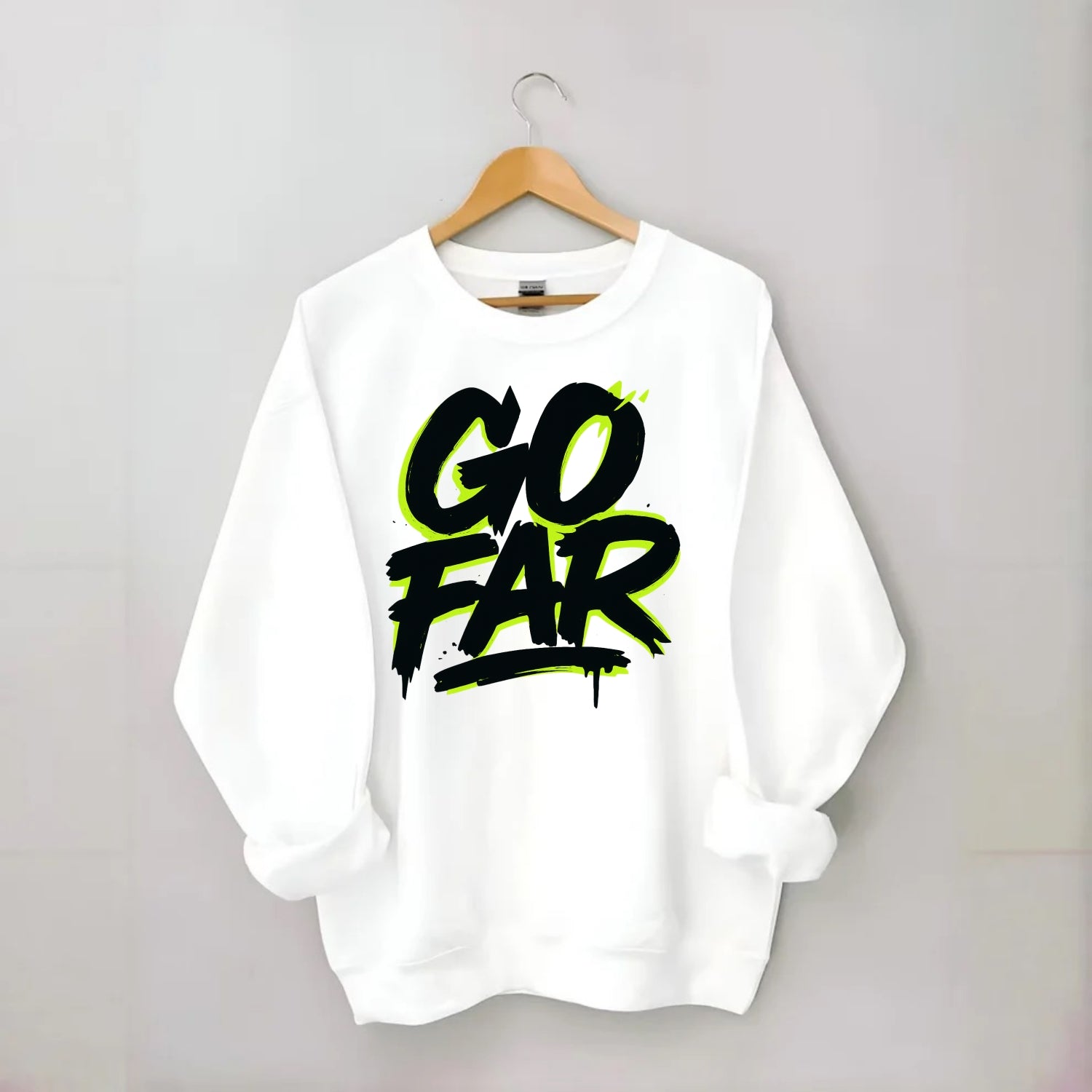 Bold typography design - "GO FAR" - distance goals, pushing limits - Crewneck Sweatshirt - white