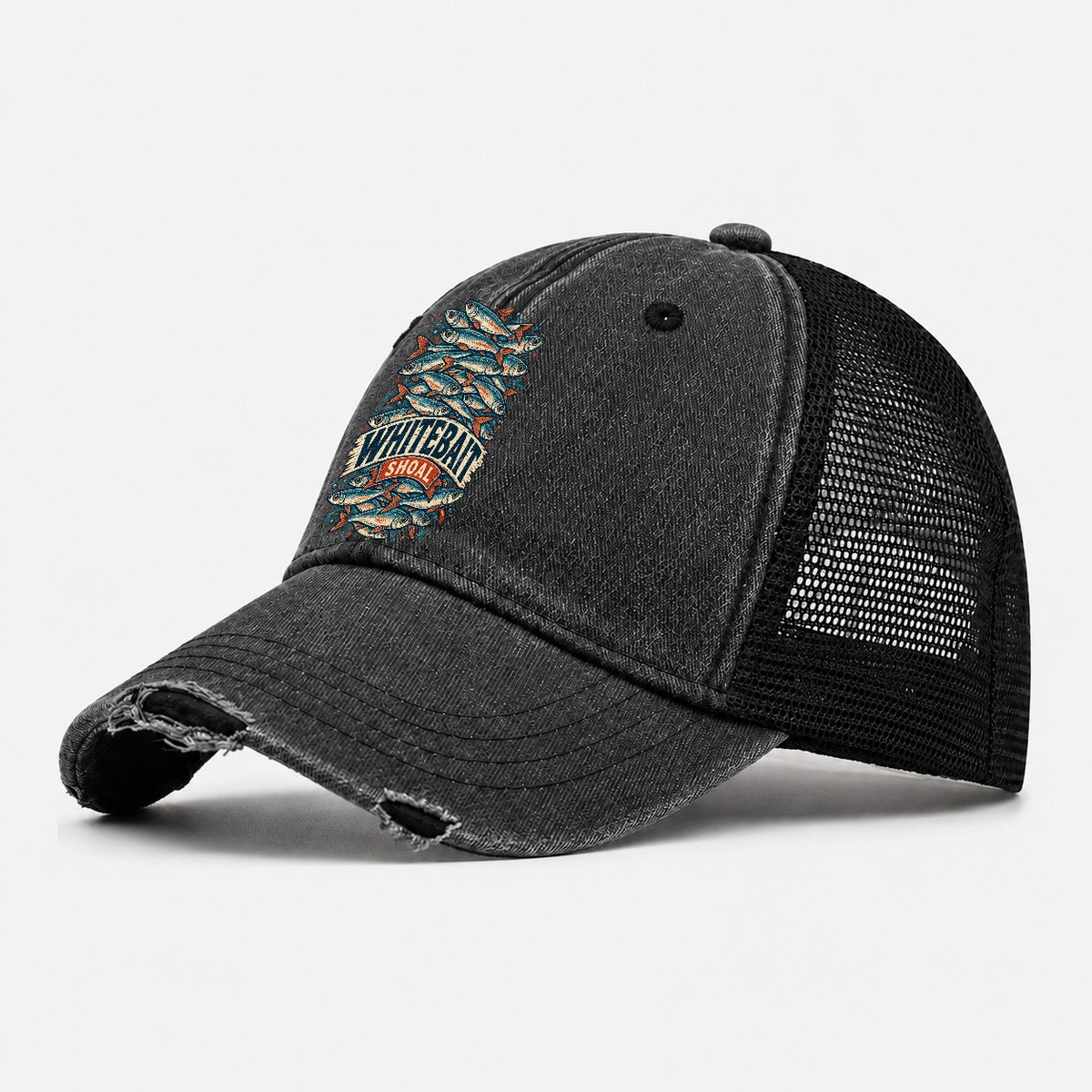 Whitebait Shoal Stack Fishing Club Washed Trucker Hat – Black
