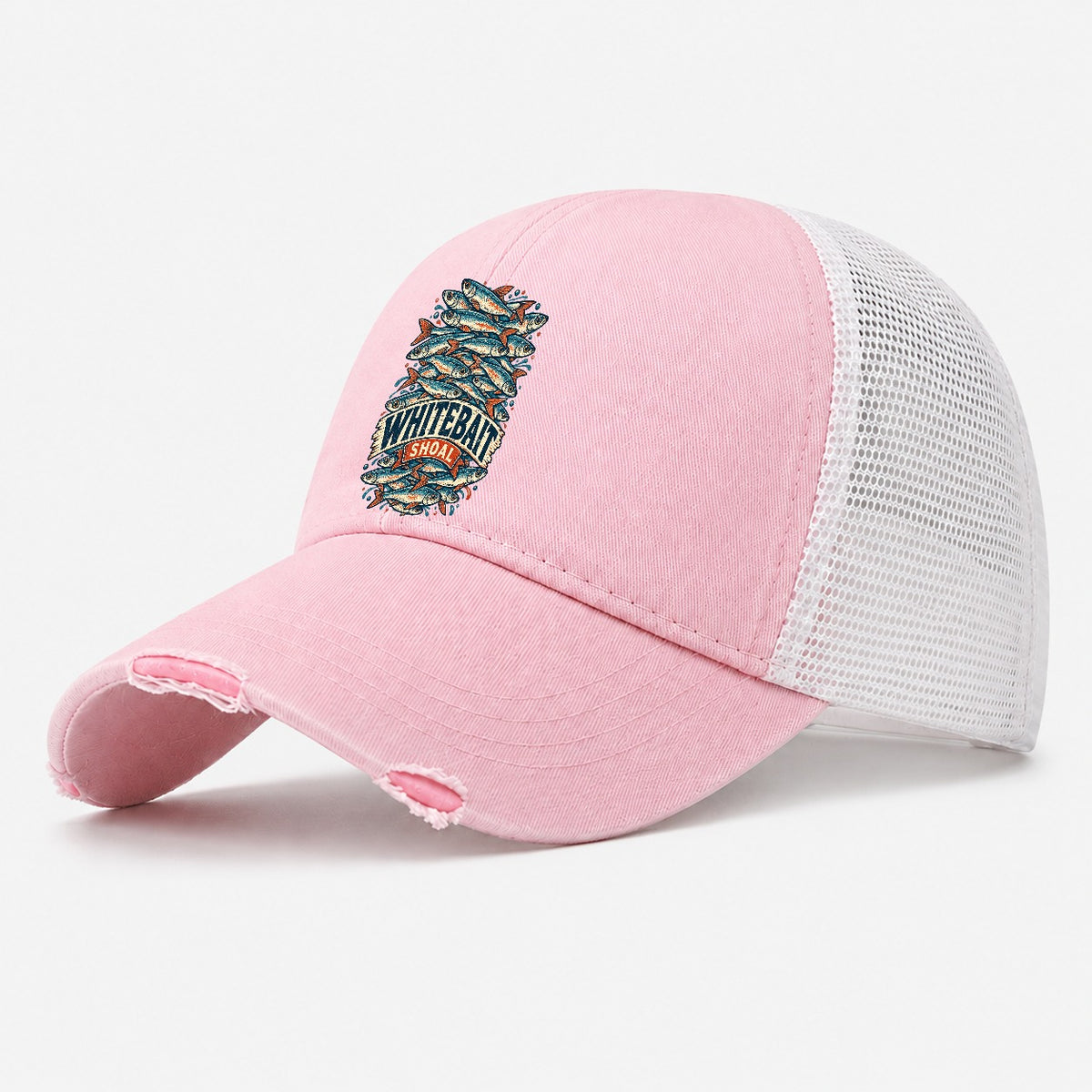 Whitebait Shoal Stack Fishing Club Washed Trucker Hat – Light Pink