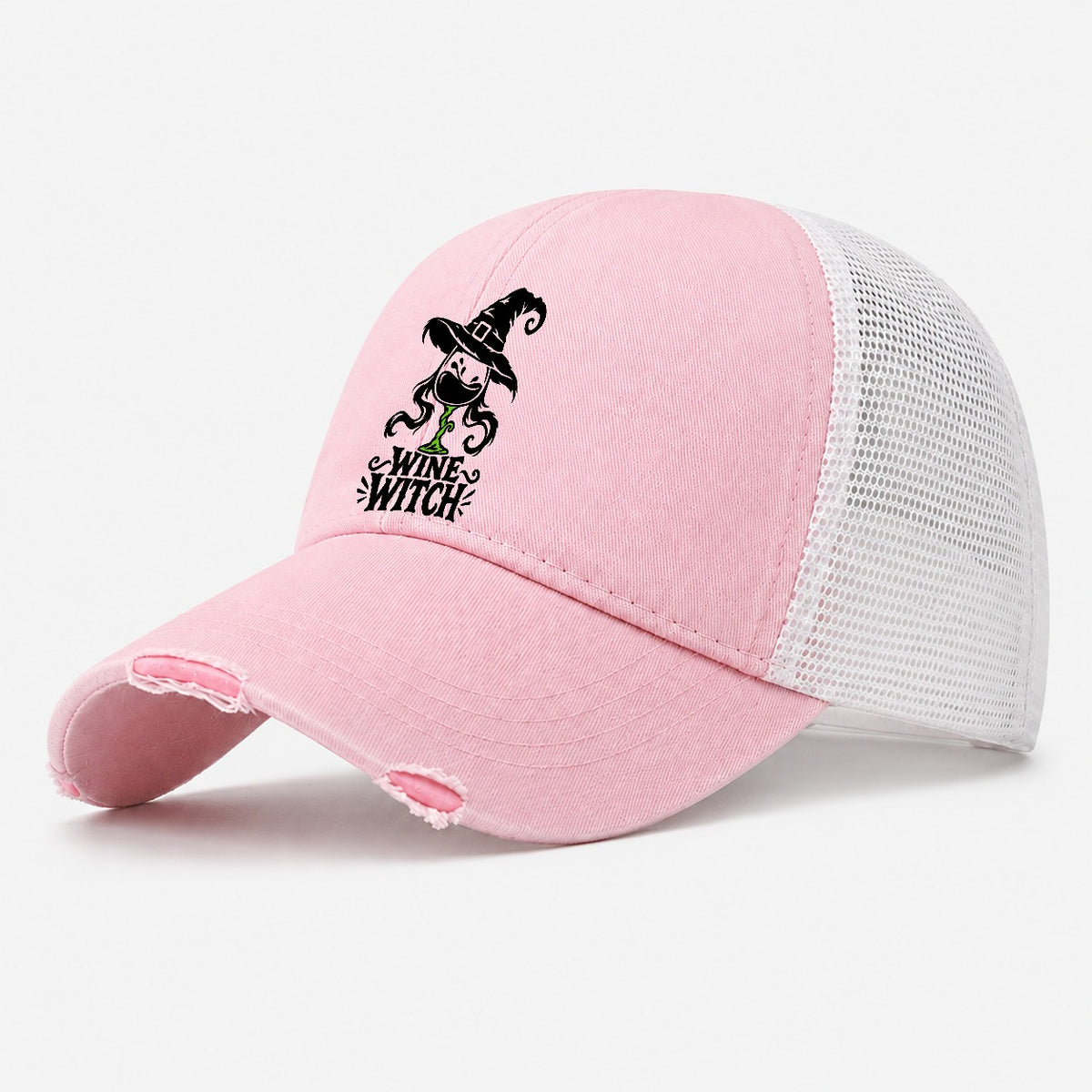 Wine Witch Slogan Witch Magic Washed Trucker Hat – Light Pink