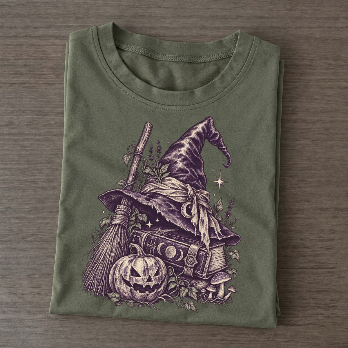 Witch Hat Broom And Spellbook Midnight Haunt Classic T-shirt – Army Green