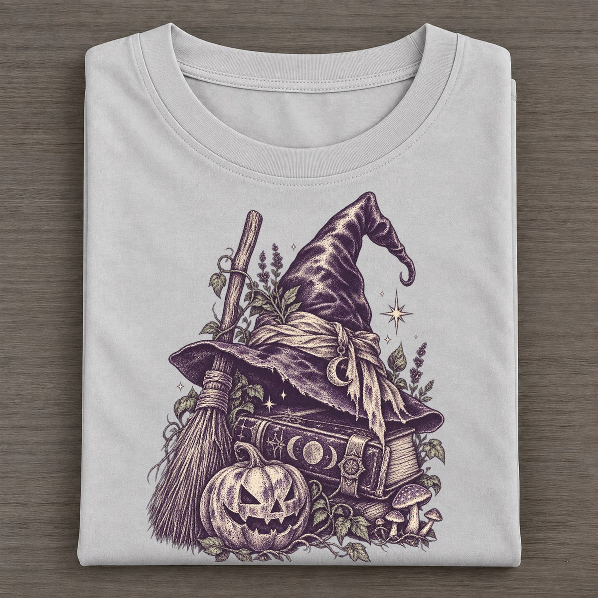 Witch Hat Broom And Spellbook Midnight Haunt Classic T-shirt – Grey