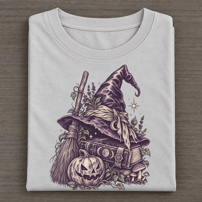 Witch Hat Broom And Spellbook Midnight Haunt Classic T-shirt – Grey