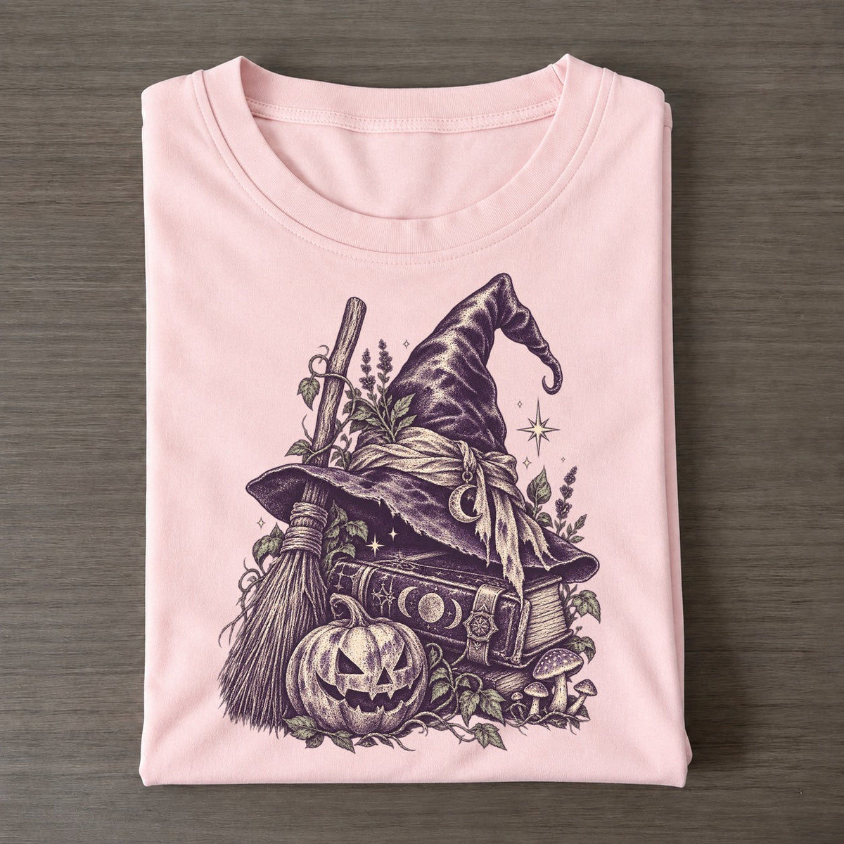 Witch Hat Broom And Spellbook Midnight Haunt Classic T-shirt – Pink