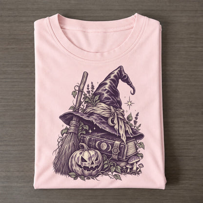 Witch Hat Broom And Spellbook Midnight Haunt Classic T-shirt – Pink
