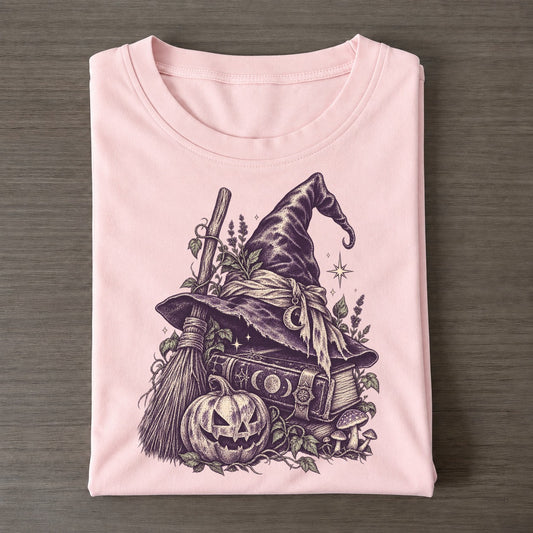 Witch Hat Broom And Spellbook Midnight Haunt Classic T-shirt – Pink