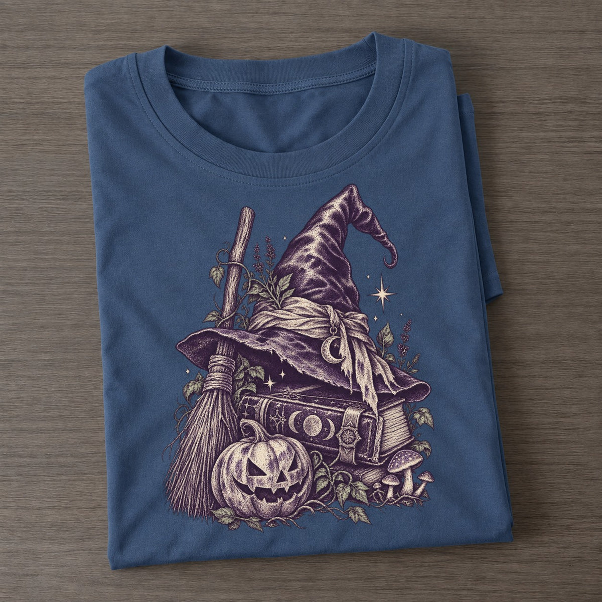Witch Hat Broom And Spellbook Midnight Haunt Classic T-shirt – Twilight Navy