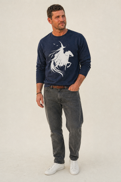 Witch On Horse Fleece Sweatshirt – studio model photo