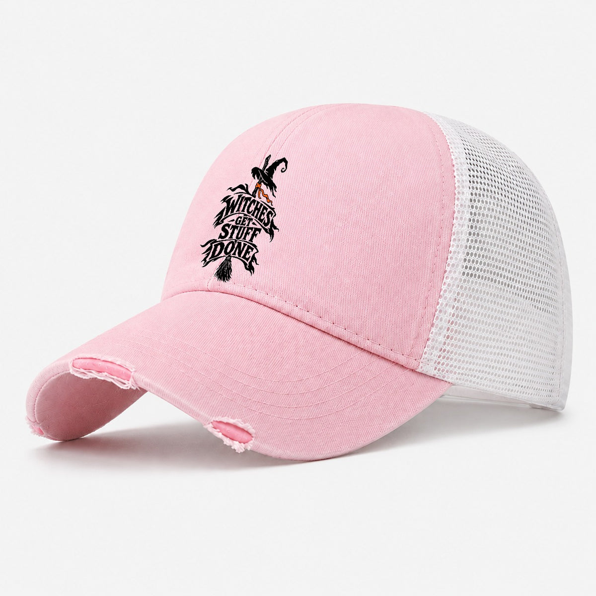 Witches Get Stuff Done Slogan Witch Magic Washed Trucker Hat – Light Pink