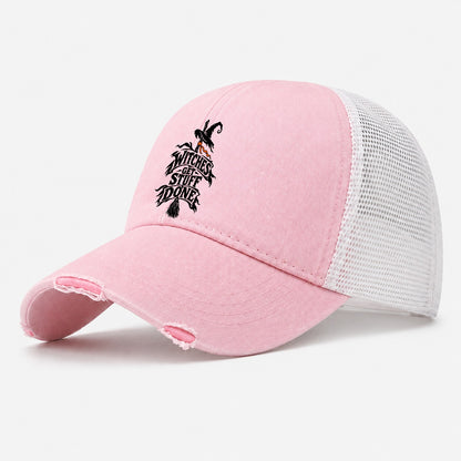 Witches Get Stuff Done Slogan Witch Magic Washed Trucker Hat – Light Pink