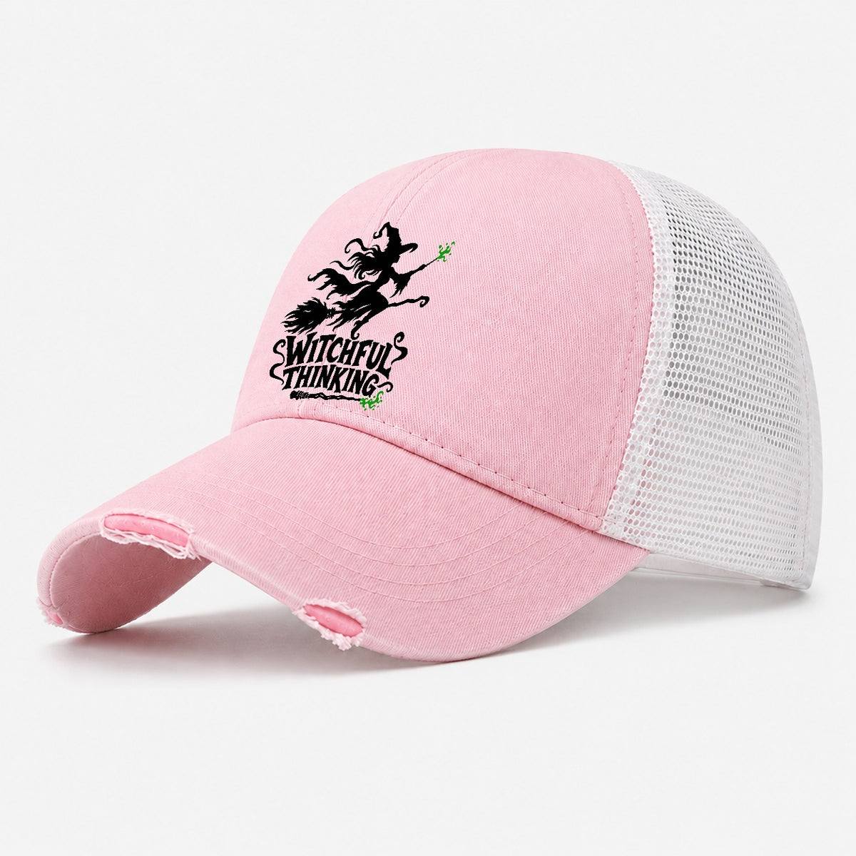 Witchful Thinking Slogan Witch Magic Washed Trucker Hat – Light Pink