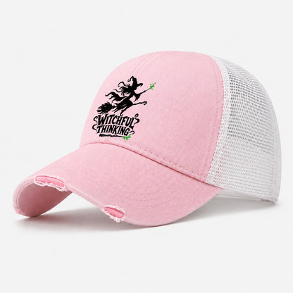 Witchful Thinking Slogan Witch Magic Washed Trucker Hat – Light Pink