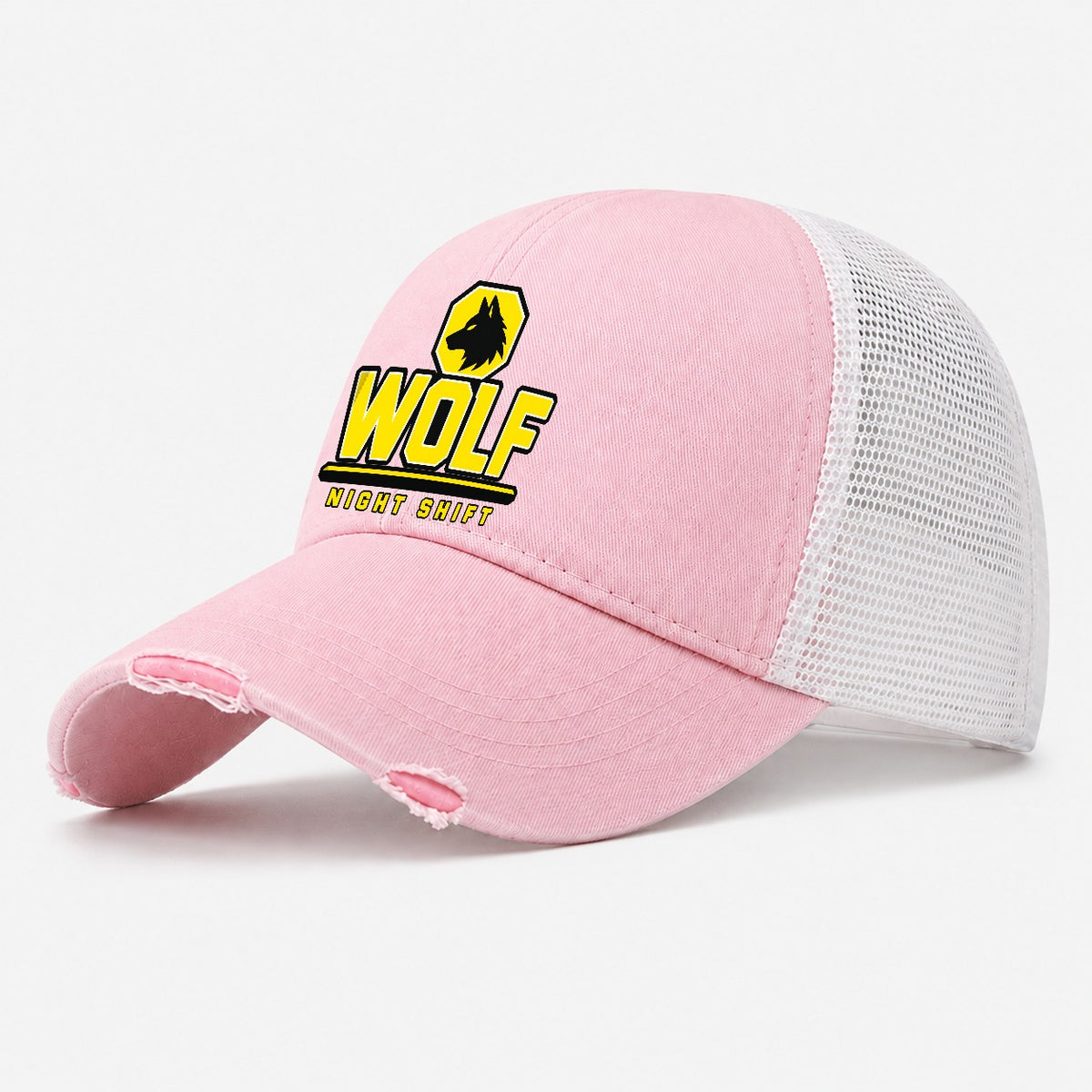 Wolf Night Shift Heavy Duty Washed Trucker Hat – Light Pink