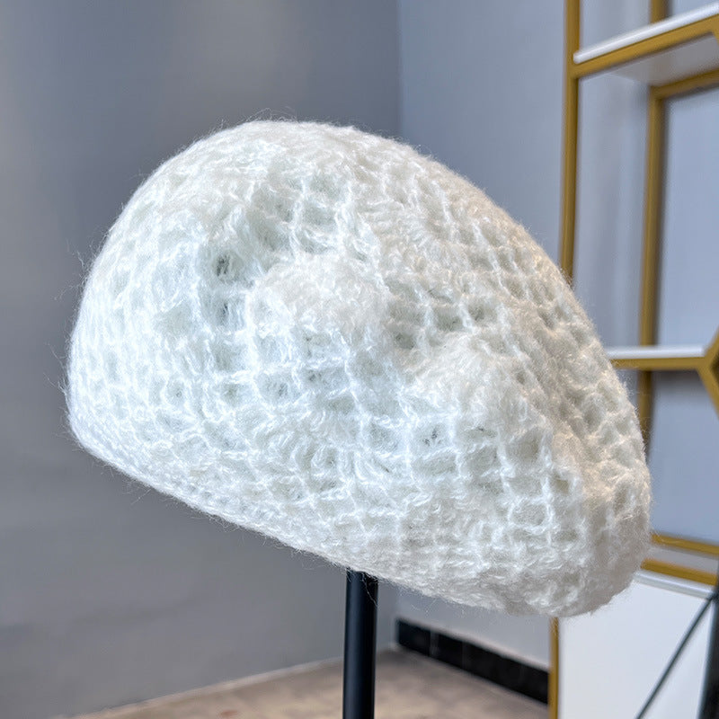 Women'S Handmade Crochet Double-Layer Beret, Autumn Winter Warm Knitted Wool Hat - White