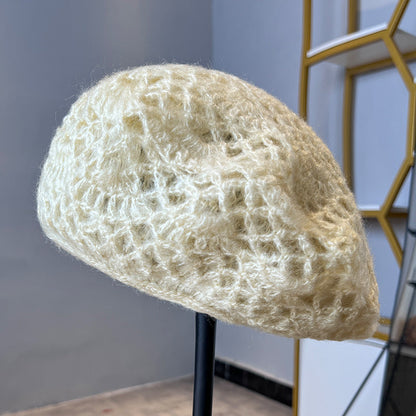 Women'S Handmade Crochet Double-Layer Beret, Autumn Winter Warm Knitted Wool Hat - Beige