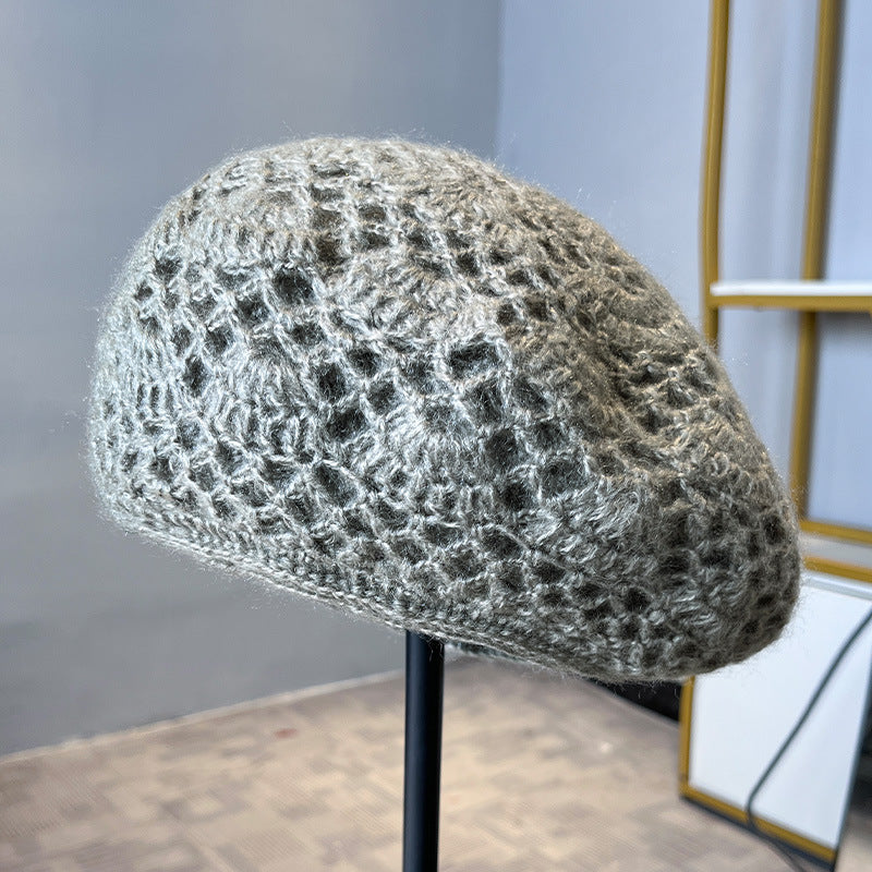 Women'S Handmade Crochet Double-Layer Beret, Autumn Winter Warm Knitted Wool Hat - Dark Gray