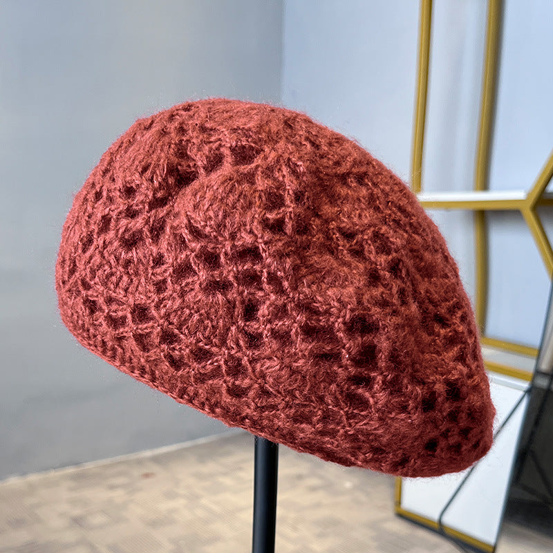Women'S Handmade Crochet Double-Layer Beret, Autumn Winter Warm Knitted Wool Hat - Red