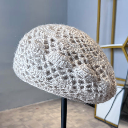 Women'S Handmade Crochet Double-Layer Beret, Autumn Winter Warm Knitted Wool Hat - Gray