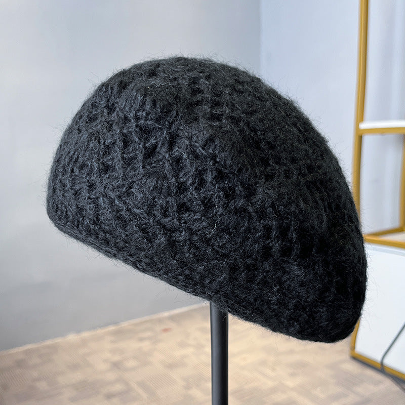 Women'S Handmade Crochet Double-Layer Beret, Autumn Winter Warm Knitted Wool Hat - Black