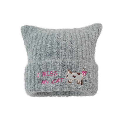 Women'S Embroidered Cat Knitted Beanie, Autumn Winter Ear-Warming Cute Woolen Cap-Gray