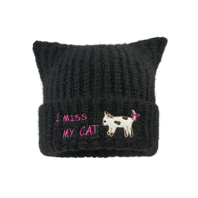 Women'S Embroidered Cat Knitted Beanie, Autumn Winter Ear-Warming Cute Woolen Cap-Blkack