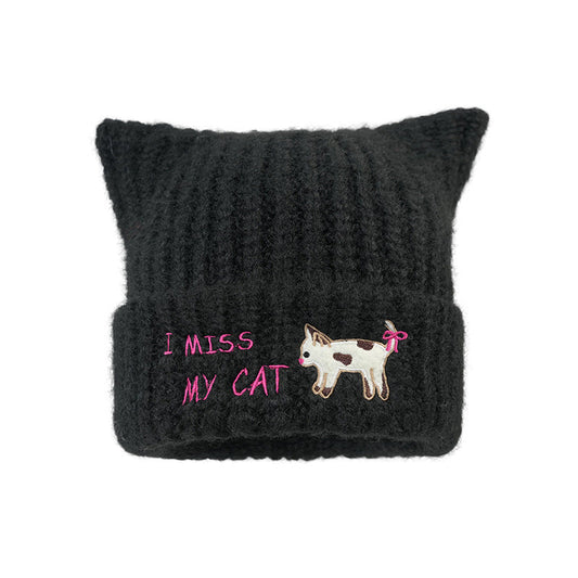 Women'S Embroidered Cat Knitted Beanie, Autumn Winter Ear-Warming Cute Woolen Cap-Blkack