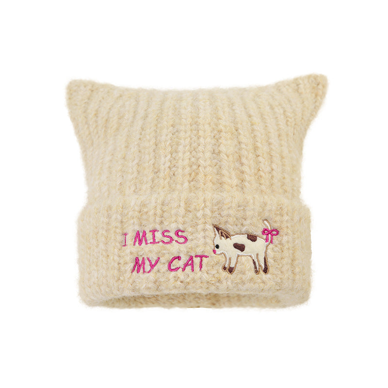 Women'S Embroidered Cat Knitted Beanie, Autumn Winter Ear-Warming Cute Woolen Cap-Beige