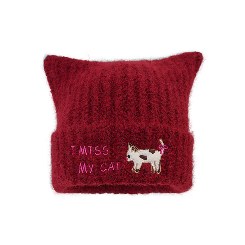 Women'S Embroidered Cat Knitted Beanie, Autumn Winter Ear-Warming Cute Woolen Cap-Red