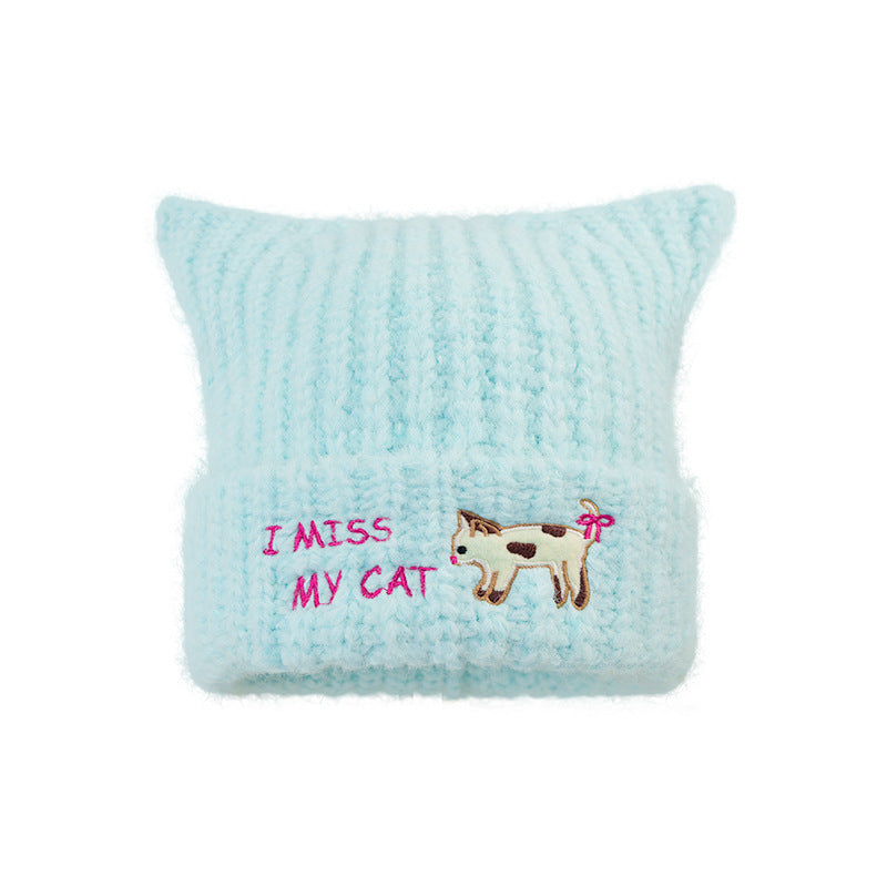Women'S Embroidered Cat Knitted Beanie, Autumn Winter Ear-Warming Cute Woolen Cap-Blue