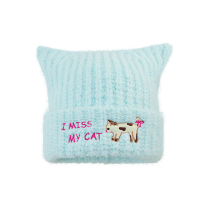 Women'S Embroidered Cat Knitted Beanie, Autumn Winter Ear-Warming Cute Woolen Cap-Blue