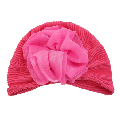 Women'S Big Floral Pleated Turban Hat, High Elasticity Headwrap, Sun Protection Warm Stylish Slouchy Cap - Rose