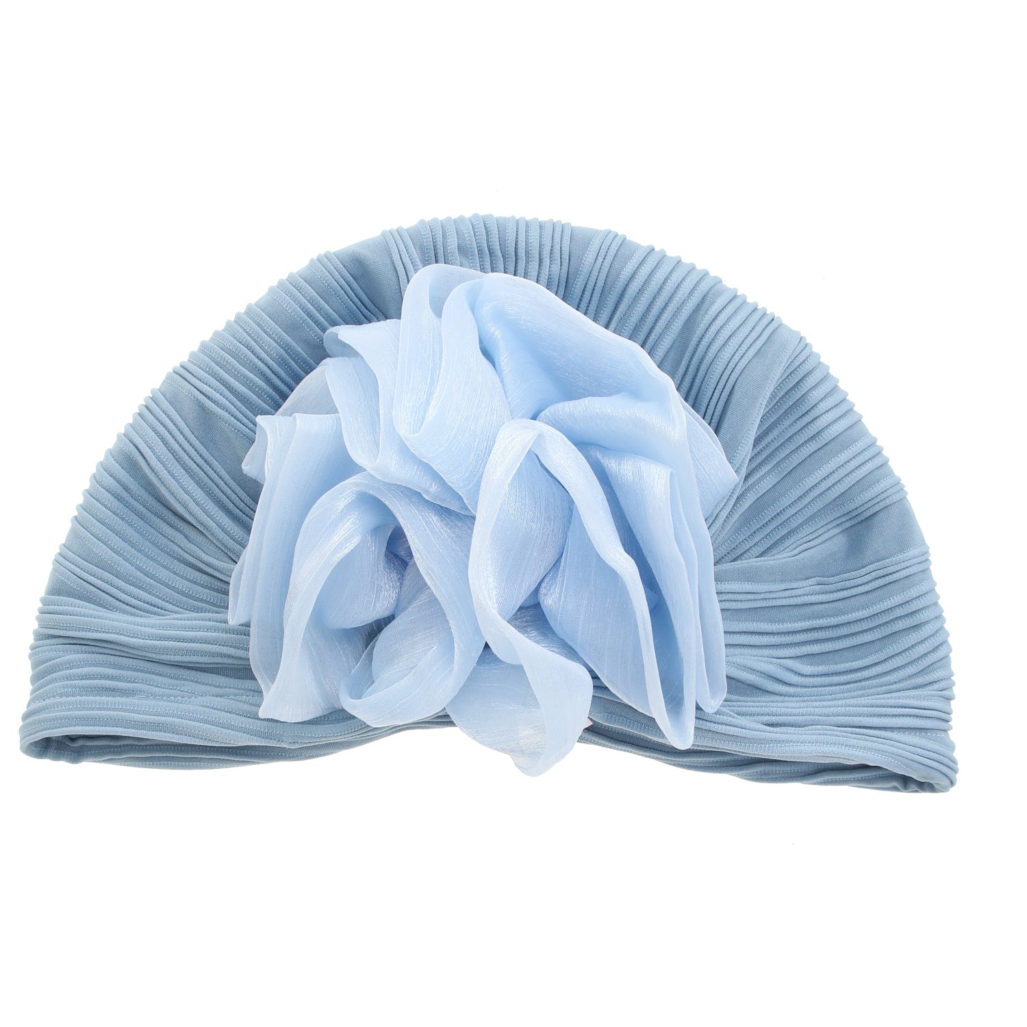 Women'S Big Floral Pleated Turban Hat, High Elasticity Headwrap, Sun Protection Warm Stylish Slouchy Cap - Blue