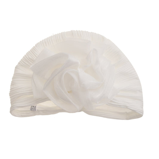 Women'S Big Floral Pleated Turban Hat, High Elasticity Headwrap, Sun Protection Warm Stylish Slouchy Cap - White