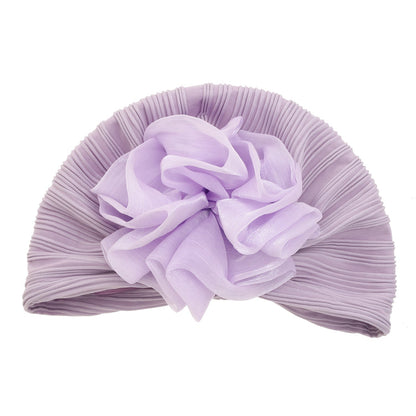 Women'S Big Floral Pleated Turban Hat, High Elasticity Headwrap, Sun Protection Warm Stylish Slouchy Cap - Purple