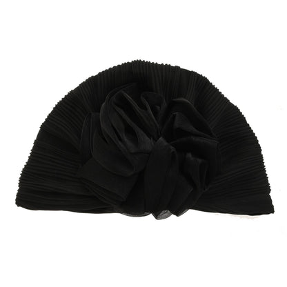 Women'S Big Floral Pleated Turban Hat, High Elasticity Headwrap, Sun Protection Warm Stylish Slouchy Cap - Black