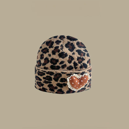 Women'S Leopard Print Beanie With Ear Flaps - Lace Heart Milk