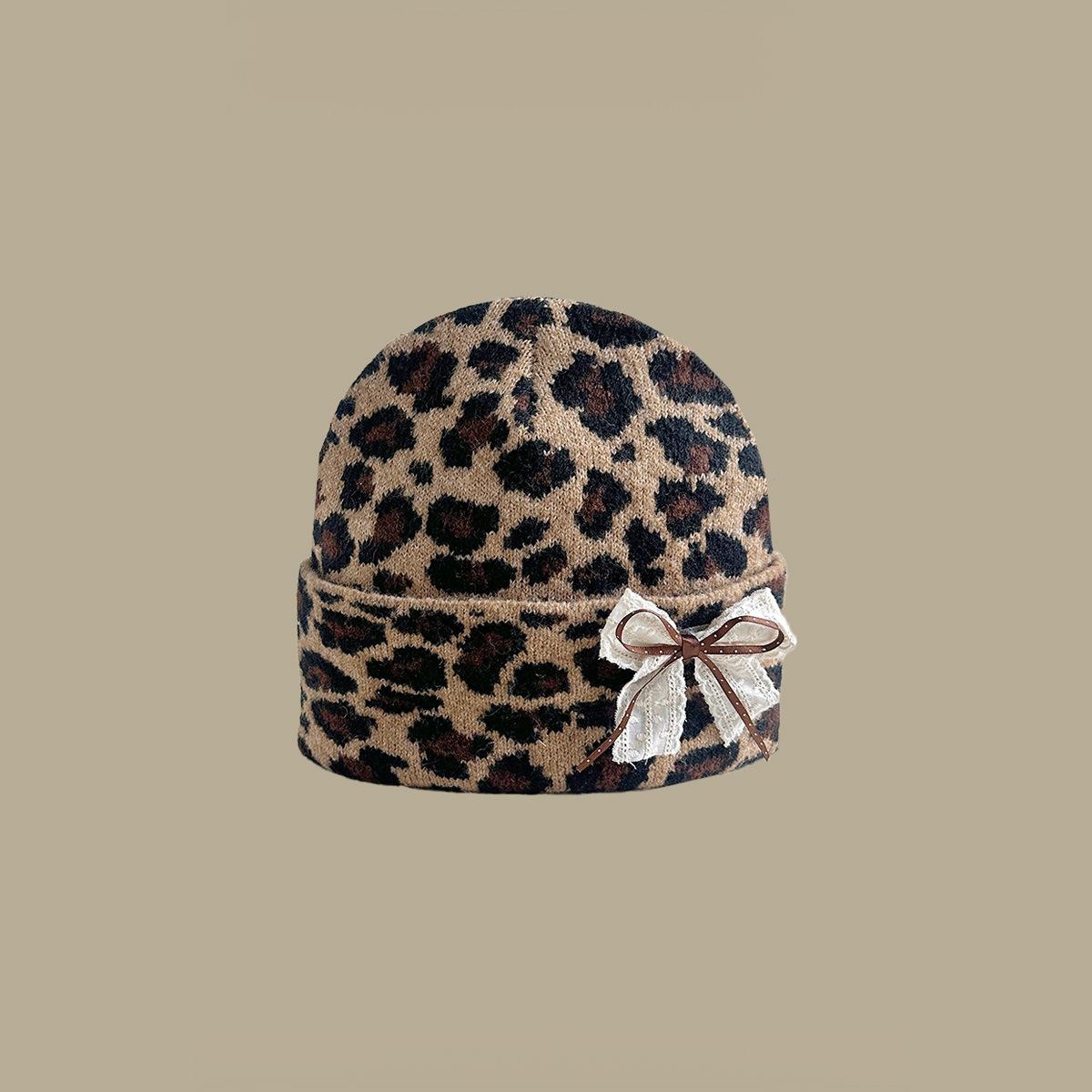 Women'S Leopard Print Beanie With Ear Flaps - Lace Bowknot
