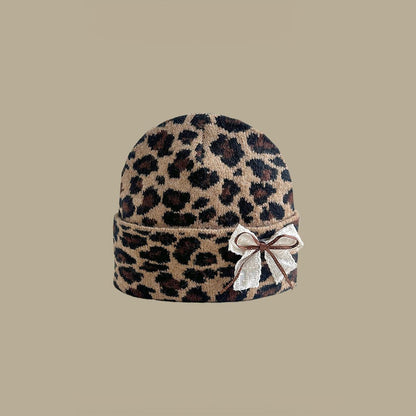Women'S Leopard Print Beanie With Ear Flaps - Lace Bowknot