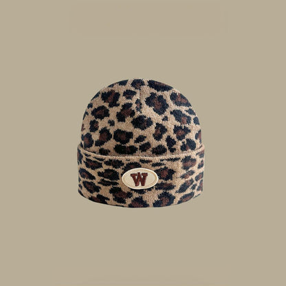 Women'S Leopard Print Beanie With Ear Flaps - Oval W Label