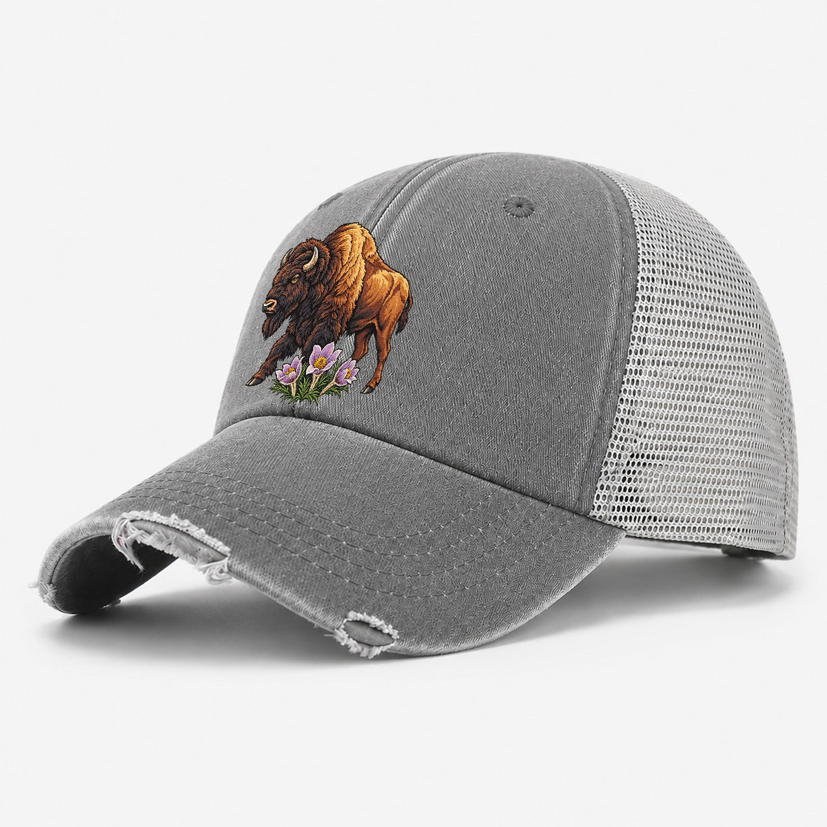 Wood Bison And Prairie Crocus Canada Cultural Icons Washed Trucker Hat – Grey