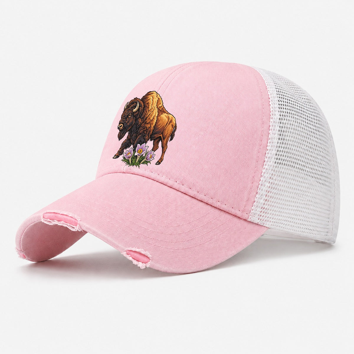 Wood Bison And Prairie Crocus Canada Cultural Icons Washed Trucker Hat – Light Pink