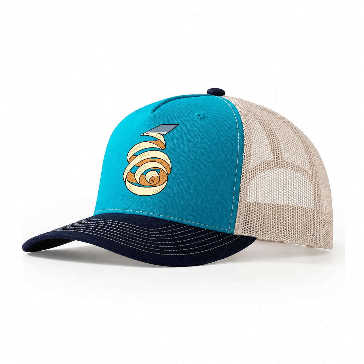 Wood Shaving Spiral Woodworking Trucker Hat – Teal Navy