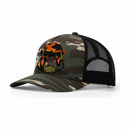Gorilla Stare Frontal Trucker Hat – Woodland Camo Black