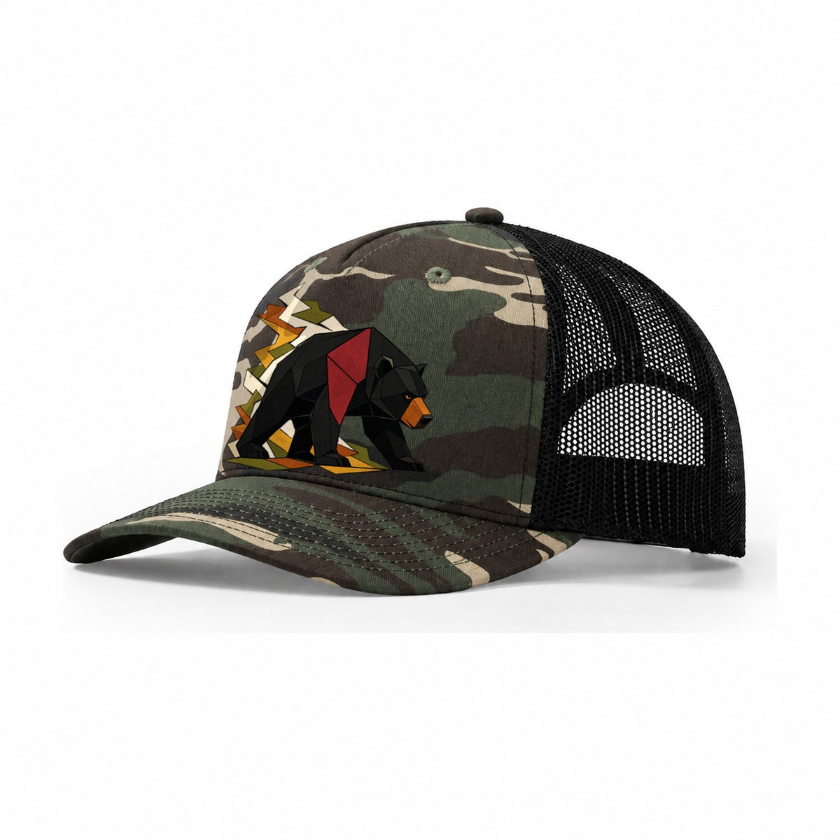 Bear Side Profile Trucker Hat – Woodland Camo Black