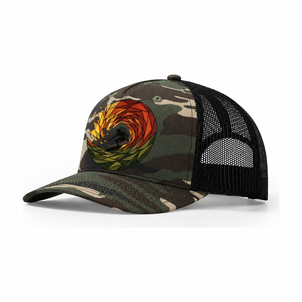 Surfer Barrel Trucker Hat – Woodland Camo Black