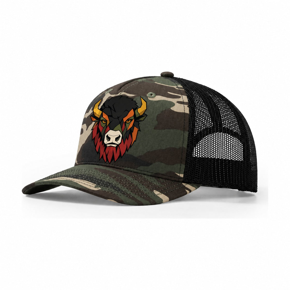 American Buffalo Frontal Portrait Trucker Hat – Woodland Camo Black