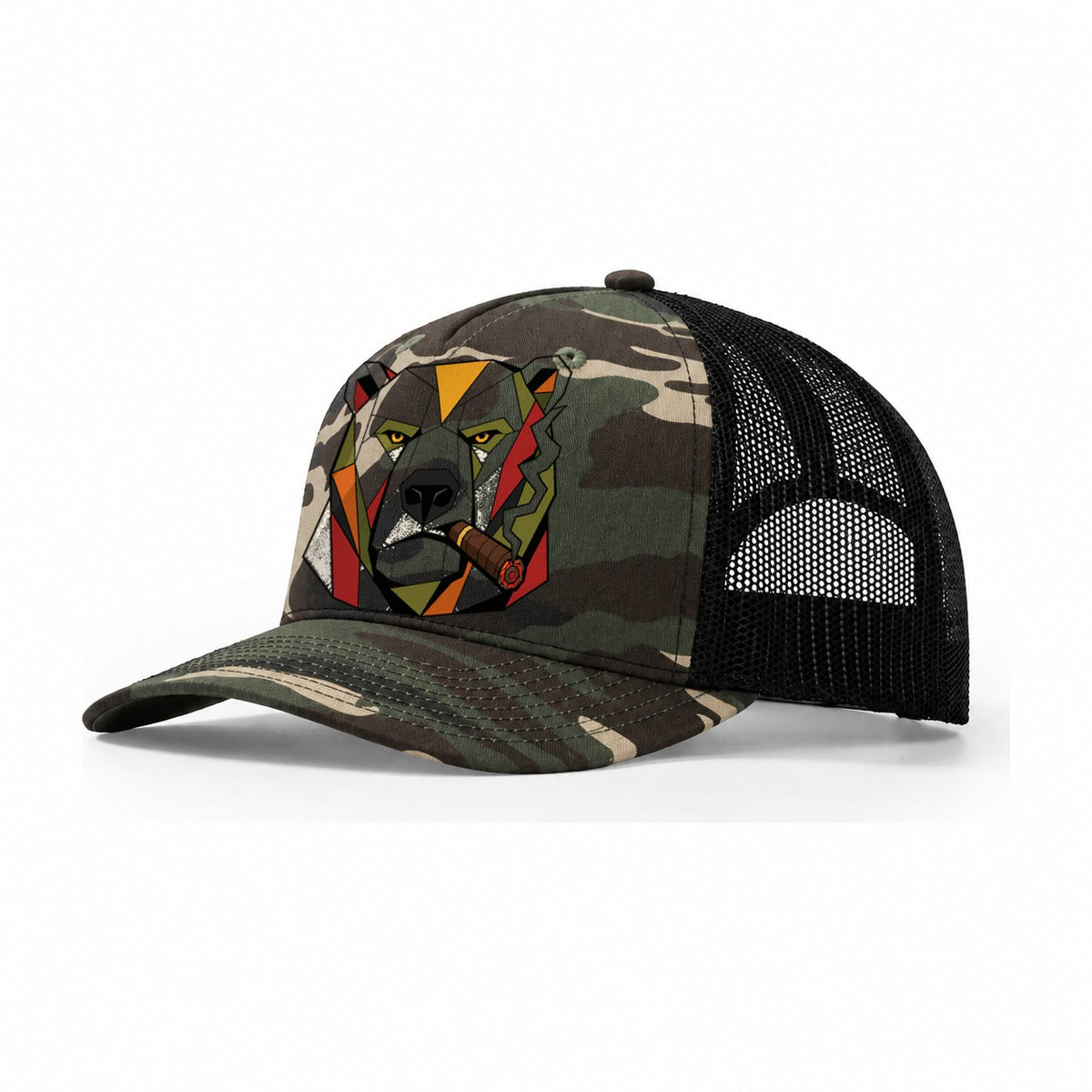 Polar Bear Portrait Trucker Hat – Woodland Camo Black