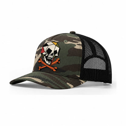 Pirate Skull Crossbones Trucker Hat – Woodland Camo Black