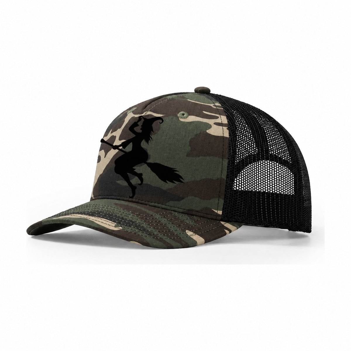 Enchanting Witch On Broom Hat Limited Edition Trucker Hat – Woodland Camo Black