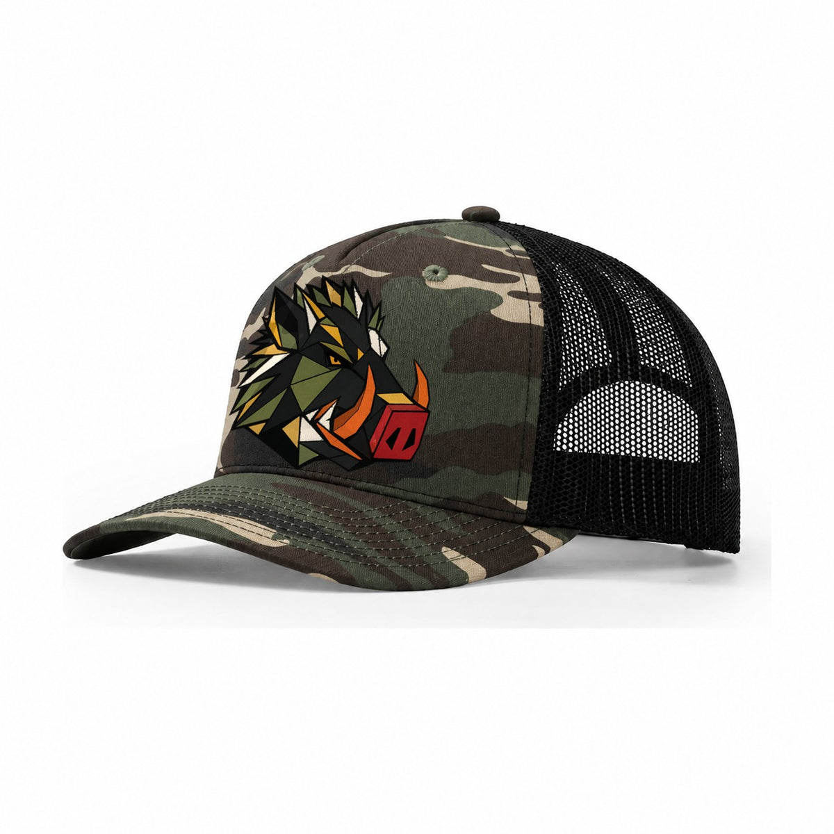 Wild Boar Tusks Profile Trucker Hat – Woodland Camo Black